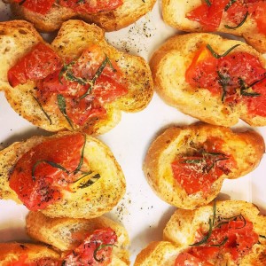 Roasted garlic, tomato bruschetta